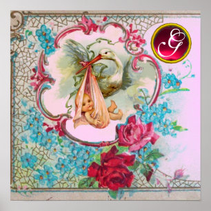 STORK BABY GIRL SHOWER Ruby Gem Stone Monogramm Poster
