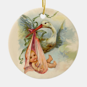 STORK BABY MÄDCHEN 2 MONOGRAMM ROTE RUBY KERAMIKORNAMENT