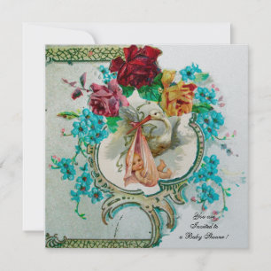STORK BABY MÄDCHEN DUSCHE, PINKROSEN UND BLAUE BLU EINLADUNG
