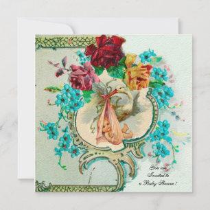 STORK BABY MÄDCHEN DUSCHE, PINKROSEN UND BLAUE BLU EINLADUNG