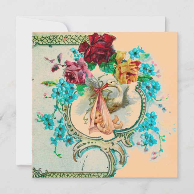 STORK BABY MÄDCHEN DUSCHE, PINKROSEN UND BLAUE BLU EINLADUNG (Vorderseite)