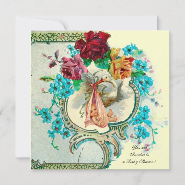 STORK BABY MÄDCHEN DUSCHE, PINKROSEN UND BLAUE BLU EINLADUNG (Vorderseite)