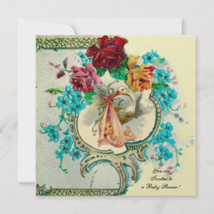 STORK BABY MÄDCHEN DUSCHE, PINKROSEN UND BLAUE BLU EINLADUNG