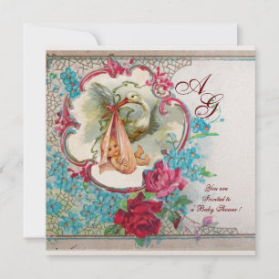 STORK-BABY-MÄDCHEN MIT PINKROSEN-MONOGRAMM EINLADUNG