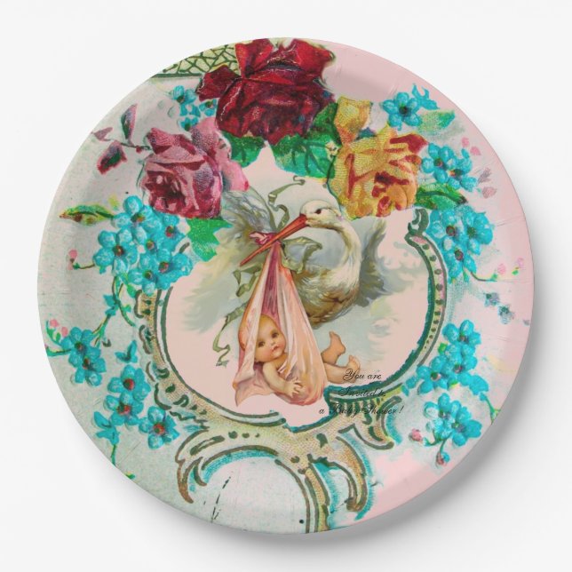 STORK-BABY-MÄDCHEN MIT PINKROSEN UND BLUME PAPPTELLER (Vorderseite)