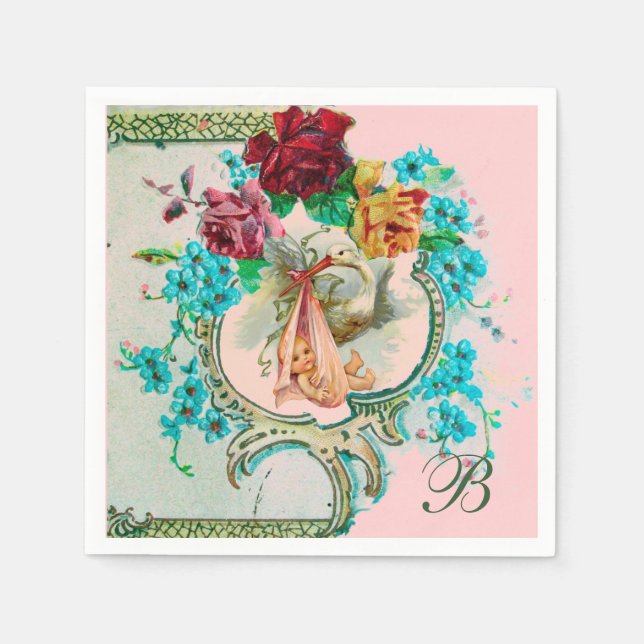 STORK-BABY-MÄDCHEN,PINKROSEN,BLUME-MONOGRAMM SERVIETTE (Vorderseite)