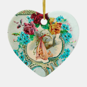 STORK BABY SHOWER 2 MONOGRAM Roter Ruby Keramikornament