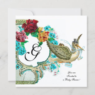 STORK BABY SHOWER 3 MONOGRAMM Weißer Champagner Einladung