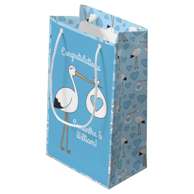 Stork Baby Shower Blue Boy Kleine Geschenktüte (Rückseite Schrägansicht)