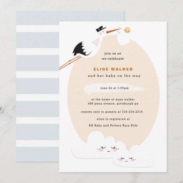 Stork Baby Shower Einladung mit Wolken (Vorne/Hinten)