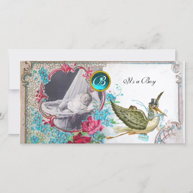 STORK BABY SHOWER MONOGRAM, aquamarin, weiß Ankündigung (Vorderseite)