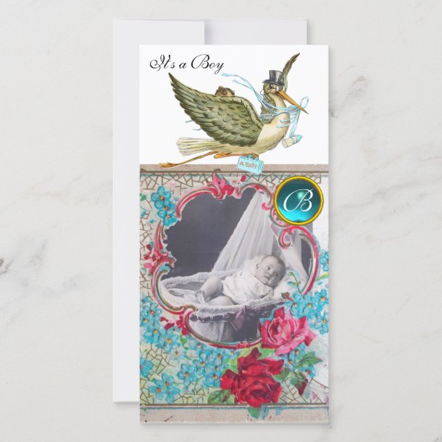 STORK BABY SHOWER MONOGRAM, aquamarinweiß Ankündigung (Vorderseite)