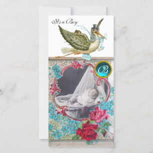 STORK BABY SHOWER MONOGRAM, aquamarinweiß Ankündigung