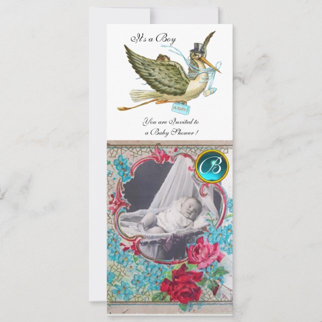 STORK BABY SHOWER MONOGRAM FOTO TEMPLATE white, Einladung (Vorderseite)