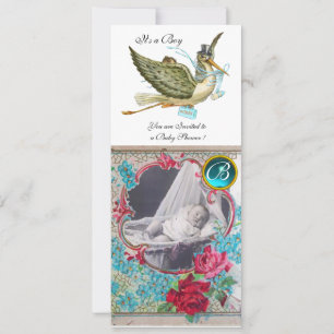 STORK BABY SHOWER MONOGRAM FOTO TEMPLATE white, Einladung