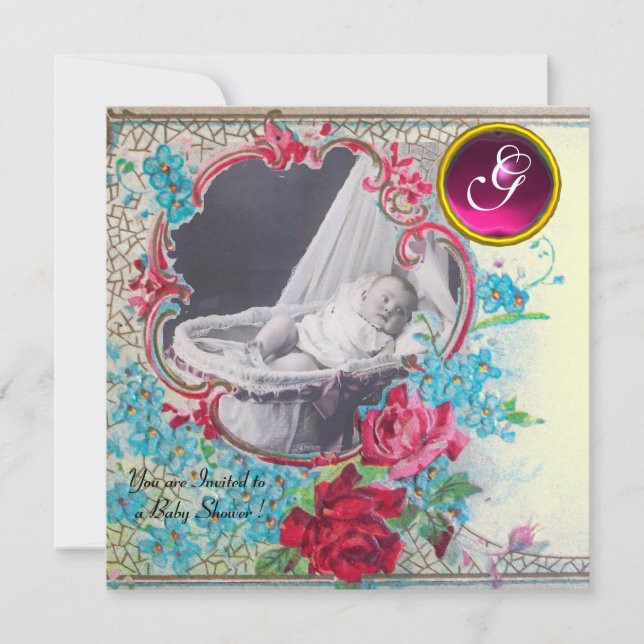 STORK BABY SHOWER MONOGRAM FOTOVORLAGE, Gold Einladung (Vorderseite)