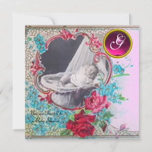 STORK BABY SHOWER MONOGRAM FOTOVORLAGE, weiß Einladung