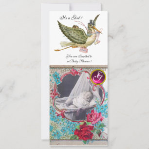STORK BABY SHOWER MONOGRAM FOTOVORLAGE, weiß Einladung