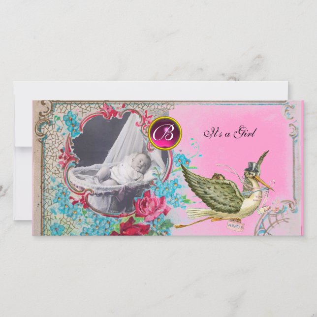 STORK BABY SHOWER MONOGRAM, ruby Ankündigung (Vorderseite)