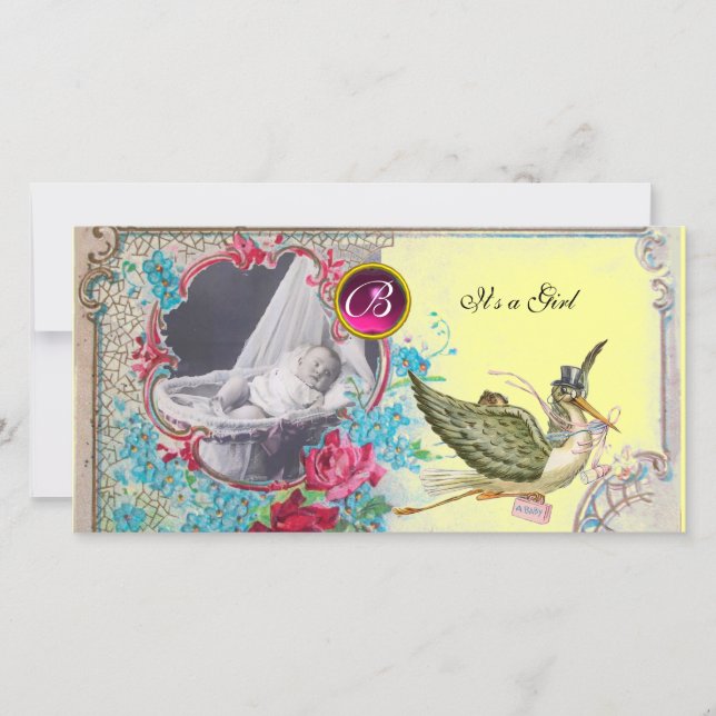 STORK BABY SHOWER MONOGRAM, ruby, weiß Ankündigung (Vorderseite)