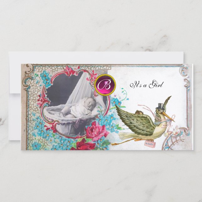 STORK BABY SHOWER MONOGRAM, ruby, weiß Ankündigung (Vorderseite)