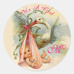 STORK BABY SHOWER MONOGRAM , RUNDER AUFKLEBER