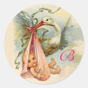STORK BABY SHOWER MONOGRAM , RUNDER AUFKLEBER
