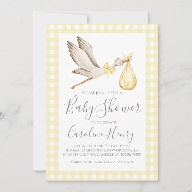 Stork Baby Shower Preppy Gingham Neutral Yellow Einladung (Vorderseite)