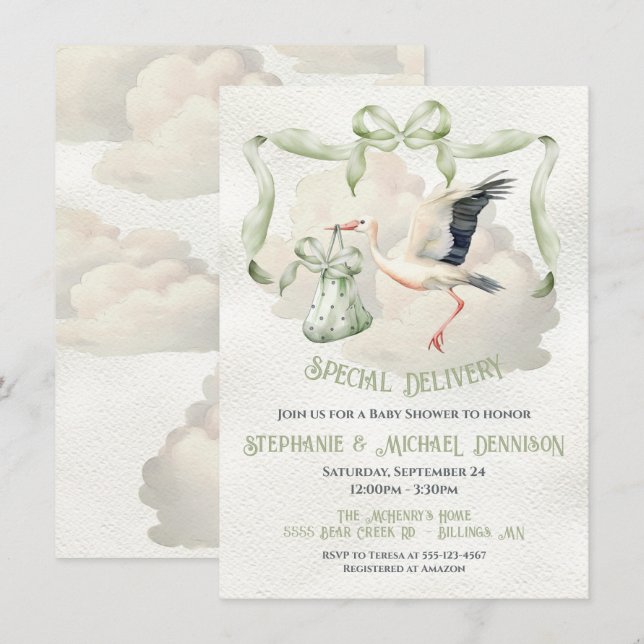 Stork Baby Shower Ribbon Bow Sonderlieferung Einladung (Vorne/Hinten)
