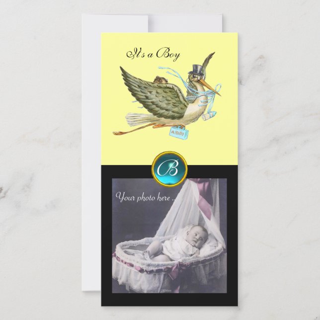 STORK BABY SHOWER SQUARE MONOGRAM, aquamarin Ankündigung (Vorderseite)