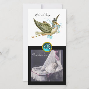 STORK BABY SHOWER SQUARE MONOGRAM aquamarinweiß Ankündigung