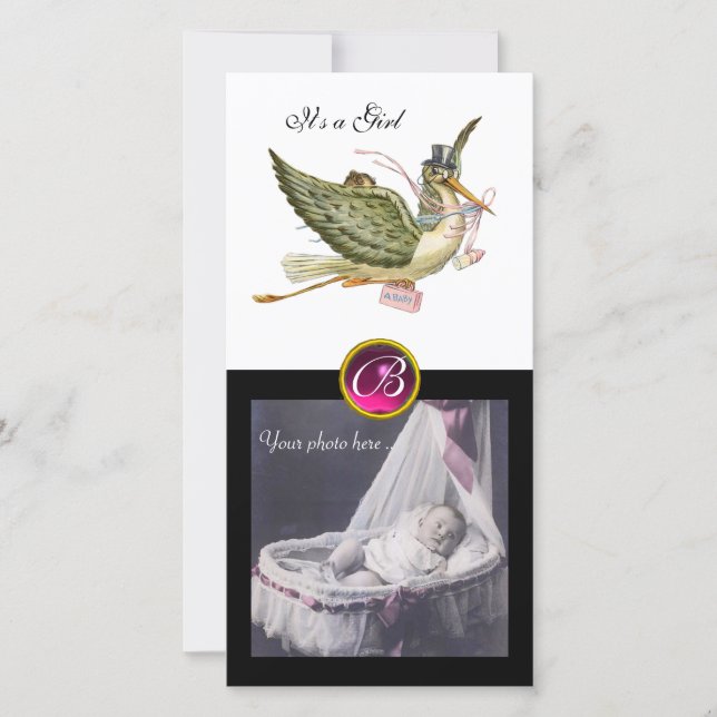 STORK BABY SHOWER SQUARE MONOGRAM rubinweiß Ankündigung (Vorderseite)