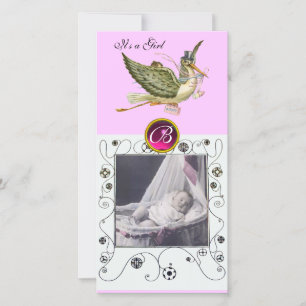 STORK BABY SHOWER WIRBEL MONOGRAM ruby white Ankündigung