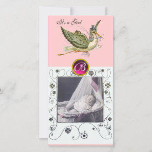 STORK BABY SHOWER WIRBEL MONOGRAM ruby white Ankündigung