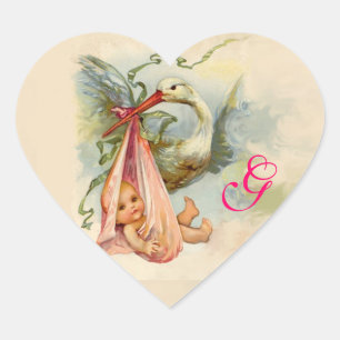 STORK BABY SHOWM MONOGRAM , Herz-Aufkleber