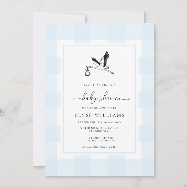 Stork Blue En vichy Baby shower Invitation (Devant)