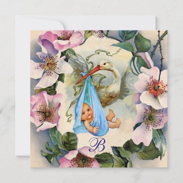 STORK BOY BABY DUSCHE, PINK WILD ROSE MONOGRAM EINLADUNG (Vorderseite)