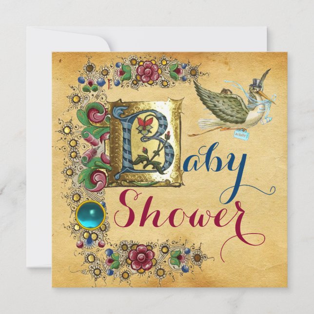 STORK BOY BABY DUSCHMUSTER FLORALPARKPLATZ MONOGRA EINLADUNG (Vorderseite)