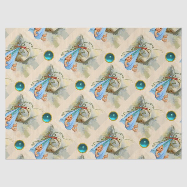 STORK BOY BABY SHOWER BLAUE GEMSTONES SEIDENPAPIER (Vorderseite)