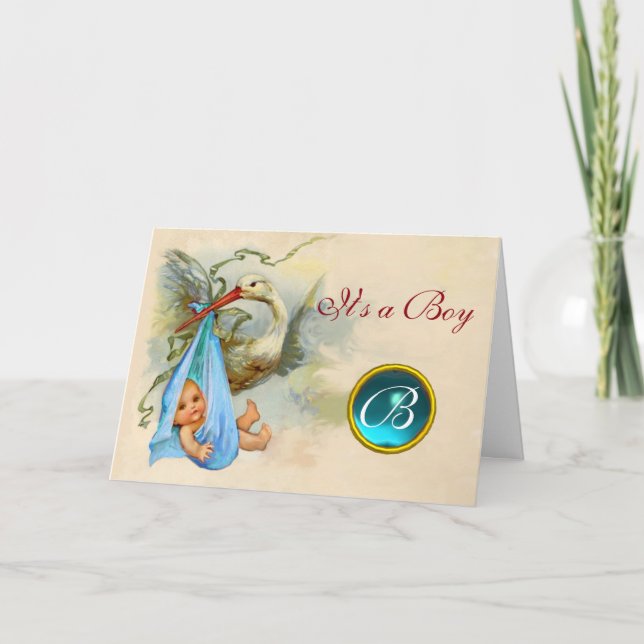 STORK BOY BABY SHOWER BLUE GEM MONOGRAM EINLADUNG (Vorderseite)