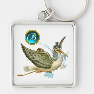 STORK BOY BABY SHOWER BLUE GEM MONOGRAM White Schlüsselanhänger