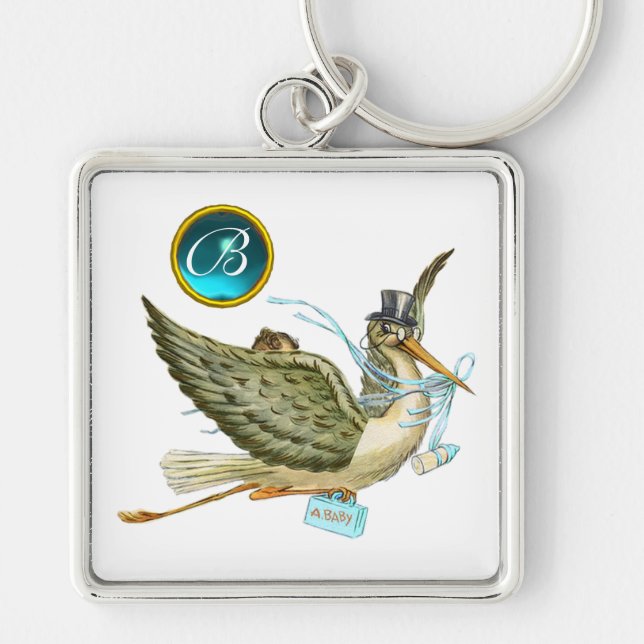 STORK BOY BABY SHOWER BLUE GEM MONOGRAM White Schlüsselanhänger (Vorne)
