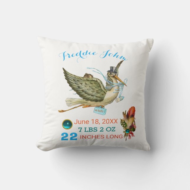 STORK BOY BABY SHOWER Blue White Baby Stats Kissen (Vorderseite)