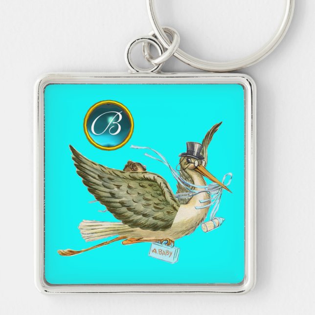 STORK BOY BABY SHOWY BLUE GEM MONOGRAM Türkis Schlüsselanhänger (Vorne)