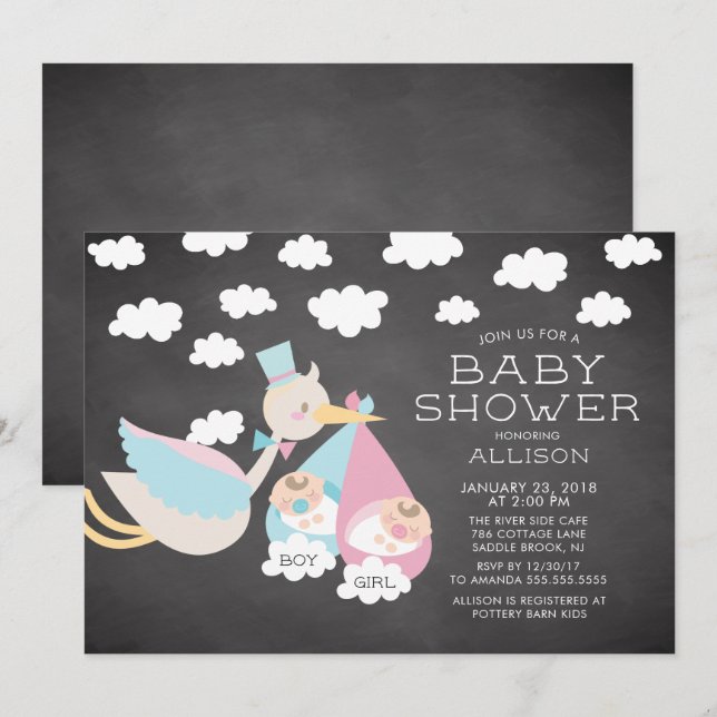 Stork & Boy Girl Twins Kinderdusche Einladung (Vorne/Hinten)