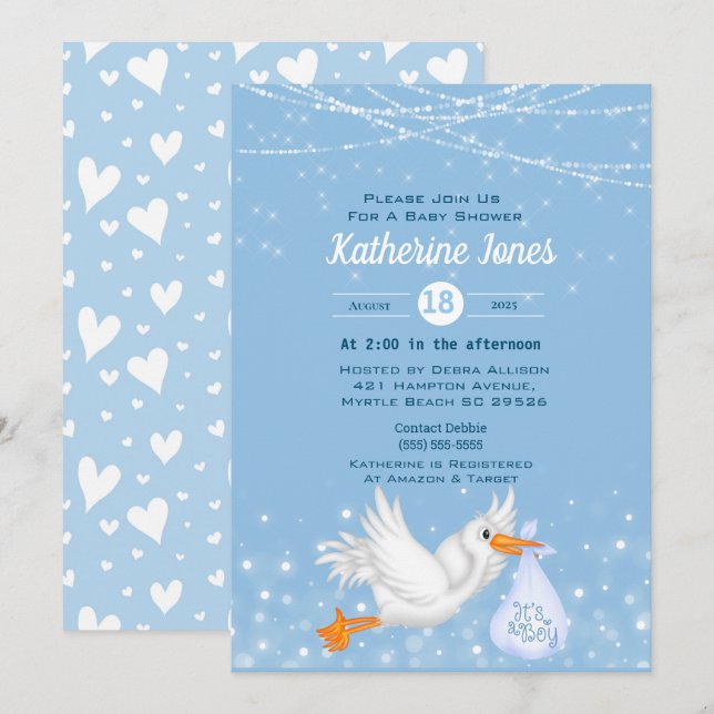 Stork Boys Baby Shower Invitations (Devant / Derrière)