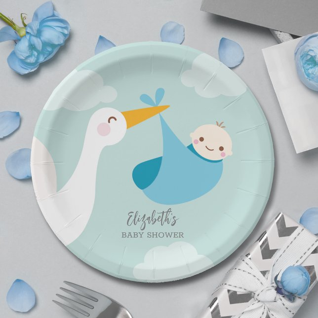 Stork Bundle Boy Baby Dusche Pappteller (Stork Blue Bundle Boy Baby Shower Paper Plates)
