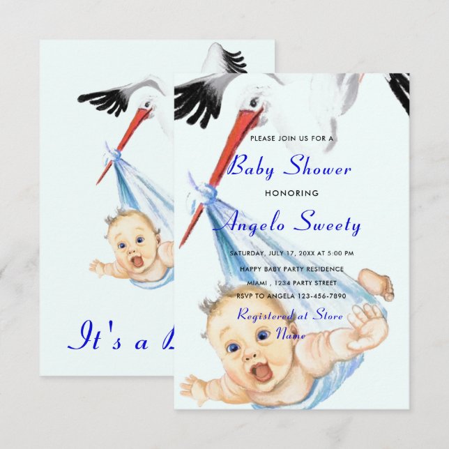 Stork Carry Baby Boy Dusche Einladung - Spaß (Vorne/Hinten)