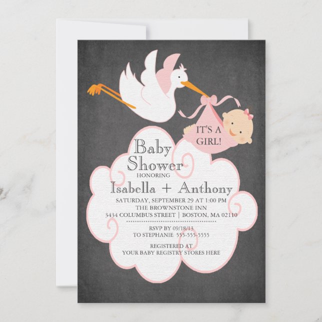 Stork Chalkboard GIRL Baby Shower Einladung (Vorderseite)