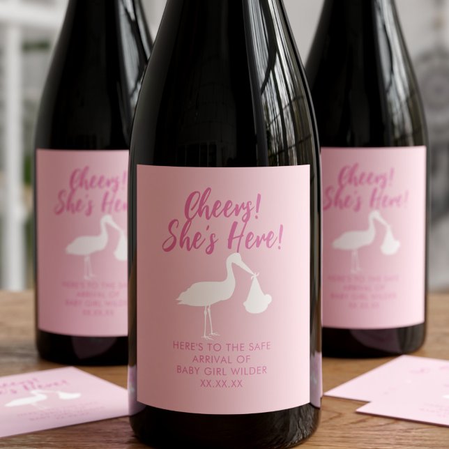 Stork Delivery Cheers Baby Girl Wine Labels Weinetikett (Cheers! She's Here! Celebrate your little princess with these wine labels. Just add your text)
